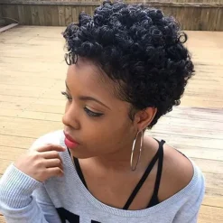 Human Hair Blend Wig Afro Curly Pixie Cut Machine Made Natural Black #1B Medium Brown Dark Wine Daily