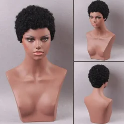 Human Hair Blend Wig Afro Curly Pixie Cut Machine Made Natural Black #1B Medium Brown Dark Wine Daily