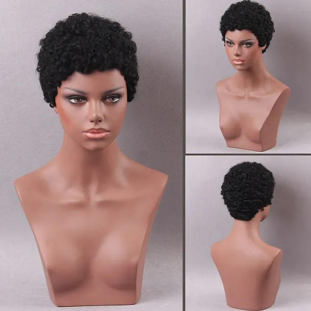Human Hair Blend Wig Afro Curly Pixie Cut Machine Made Natural Black #1B Medium Brown Dark Wine Daily