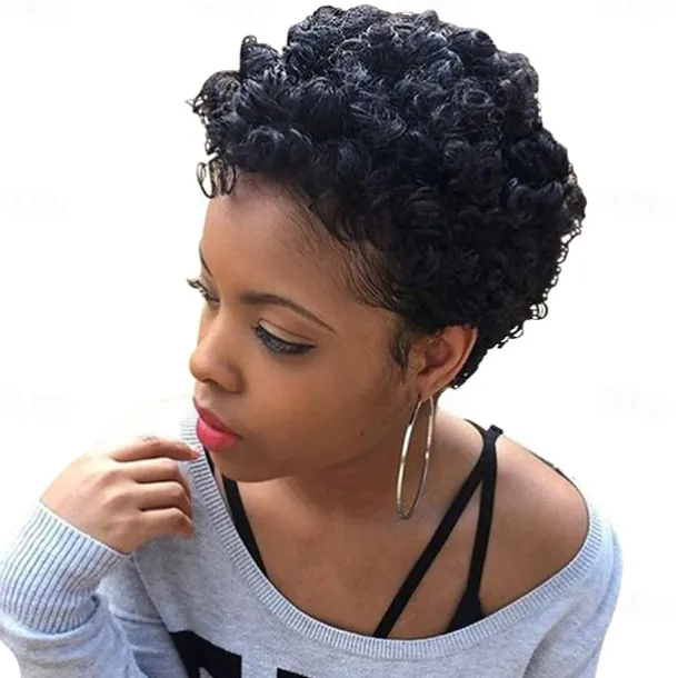 Human Hair Blend Wig Afro Curly Pixie Cut Machine Made Natural Black #1B Medium Brown Dark Wine Daily