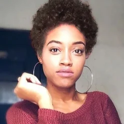 Human Hair Blend Wig Afro Curly Pixie Cut Machine Made Natural Black #1B Medium Brown Dark Wine Daily