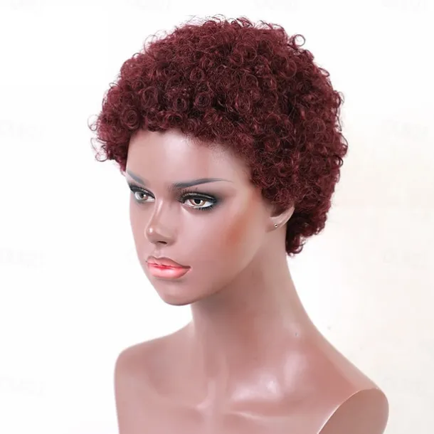 Human Hair Blend Wig Afro Curly Pixie Cut Machine Made Natural Black #1B Medium Brown Dark Wine Daily
