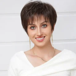 Human Hair Blend Wig Short Natural Straight Pixie Cut Side Part Layered Haircut Asymmetrical Brown Cosplay Curler & straightener Natural Hairline Capless Brazilian Hair Women's All Brown 8 inch Party