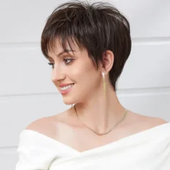 Human Hair Blend Wig Short Natural Straight Pixie Cut Side Part Layered Haircut Asymmetrical Brown Cosplay Curler & straightener Natural Hairline Capless Brazilian Hair Women's All Brown 8 inch Party