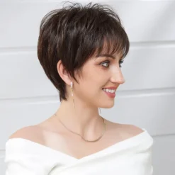 Human Hair Blend Wig Short Natural Straight Pixie Cut Side Part Layered Haircut Asymmetrical Brown Cosplay Curler & straightener Natural Hairline Capless Brazilian Hair Women's All Brown 8 inch Party