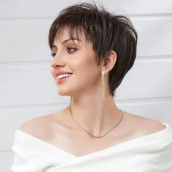 Human Hair Blend Wig Short Natural Straight Pixie Cut Side Part Layered Haircut Asymmetrical Brown Cosplay Curler & straightener Natural Hairline Capless Brazilian Hair Women's All Brown 8 inch Party