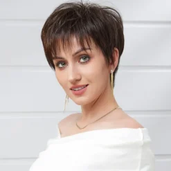 Human Hair Blend Wig Short Natural Straight Pixie Cut Side Part Layered Haircut Asymmetrical Brown Cosplay Curler & straightener Natural Hairline Capless Brazilian Hair Women's All Brown 8 inch Party