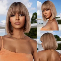 Human Hair Blend Wig Short Straight Natural Straight Pixie Cut Short Bob Layered Haircut With Bangs Brown Cosplay Curler & straightener Natural Hairline Capless Brazilian Hair Women's All Light Brown