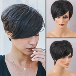 Human Hair Blend Wig Short Straight Natural Straight Bob Pixie Cut Side Part Layered Haircut Black Cosplay Curler & straightener Natural Hairline Capless Burmese Hair Women's All Black 10 inch