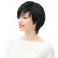 Human Hair Blend Wig Short Straight Natural Straight Bob Pixie Cut Side Part Layered Haircut Black Cosplay Curler & straightener Natural Hairline Capless Burmese Hair Women's All Black 10 inch