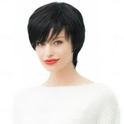 Human Hair Blend Wig Short Straight Natural Straight Bob Pixie Cut Side Part Layered Haircut Black Cosplay Curler & straightener Natural Hairline Capless Burmese Hair Women's All Black 10 inch