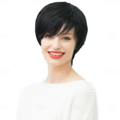 Human Hair Blend Wig Short Straight Natural Straight Bob Pixie Cut Side Part Layered Haircut Black Cosplay Curler & straightener Natural Hairline Capless Burmese Hair Women's All Black 10 inch