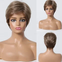 Human Hair Blend Wig Short Straight Natural Straight Bob Pixie Cut Side Part Layered Haircut Light Brown Cosplay Curler & straightener Natural Hairline Capless Burmese Hair Women's All Light Brown