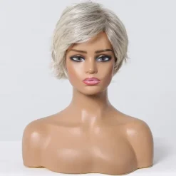 Human Hair Blend Wig Short Straight Natural Straight Bob Pixie Cut Side Part Layered Haircut Blonde Cosplay Curler & straightener Natural Hairline Capless Burmese Hair Women's All Sliver White 8 inch