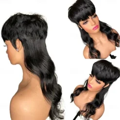 Human Hair Body Wave Dovetail Wig Short Pixie Cut Wigs Glueless Brazilian Human Hair Wigs For Women Black Full Machine Made Wig With Bangs