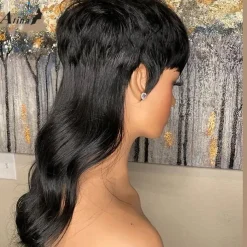 Human Hair Body Wave Dovetail Wig Short Pixie Cut Wigs Glueless Brazilian Human Hair Wigs For Women Black Full Machine Made Wig With Bangs