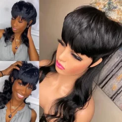 Human Hair Body Wave Dovetail Wig Short Pixie Cut Wigs Glueless Brazilian Human Hair Wigs For Women Black Full Machine Made Wig With Bangs