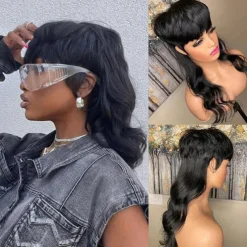 Human Hair Body Wave Dovetail Wig Short Pixie Cut Wigs Glueless Brazilian Human Hair Wigs For Women Black Full Machine Made Wig With Bangs