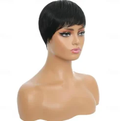 Human Hair Short Wigs Pixie Cut Wigs with Bangs Layered Wavy Wigs for Black Women
