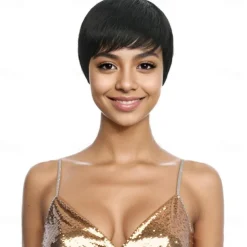 Human Hair Short Wigs Pixie Cut Wigs with Bangs Layered Wavy Wigs for Black Women