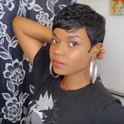 Human Hair Short Wigs Pixie Cut Wigs with Bangs Layered Wavy Wigs for Black Women