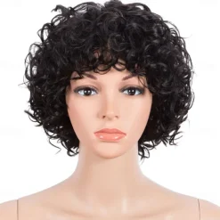 Human Hair Wig Curly With Bangs Black Soft Women Easy dressing Capless Brazilian Hair Women's Natural Black #1B 8 inch Party / Evening Daily Daily Wear