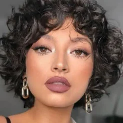 Human Hair Wig Curly With Bangs Black Soft Women Easy dressing Capless Brazilian Hair Women's Natural Black #1B 8 inch Party / Evening Daily Daily Wear