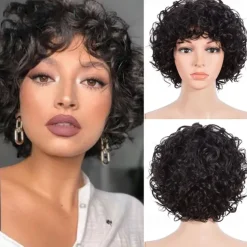 Human Hair Wig Curly With Bangs Black Soft Women Easy dressing Capless Brazilian Hair Women's Natural Black #1B 8 inch Party / Evening Daily Daily Wear