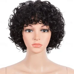 Human Hair Wig Curly With Bangs Black Soft Women Easy dressing Capless Brazilian Hair Women's Natural Black #1B 8 inch Party / Evening Daily Daily Wear