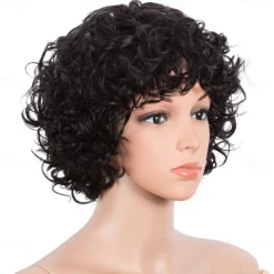 Human Hair Wig Curly With Bangs Black Soft Women Easy dressing Capless Brazilian Hair Women's Natural Black #1B 8 inch Party / Evening Daily Daily Wear