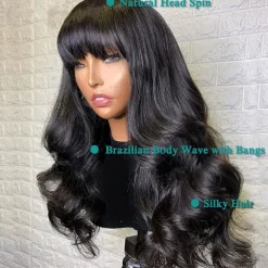 Human Hair Wig Long Body Wave With Bangs Natural Party Best Quality New Arrival Capless Brazilian Hair Women's Natural Black #1B 12 inch 14 inch 16 inch Daily Thanksgiving New Year
