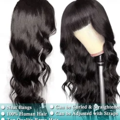 Human Hair Wig Long Body Wave With Bangs Natural Party Best Quality New Arrival Capless Brazilian Hair Women's Natural Black #1B 12 inch 14 inch 16 inch Daily Thanksgiving New Year