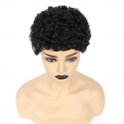 Human Hair Wig Short Afro Curly Pixie Cut Natural Black Women Party Fashion Capless Brazilian Hair Women's Black Vacation Party / Evening Daily
