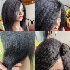 Human Hair Wig Short Medium Length kinky Straight Yaki Straight Side Part With Bangs Black Natural Color Natural Black Women Adjustable Thick Machine Made Capless Brazilian Hair All Natural Black #1B