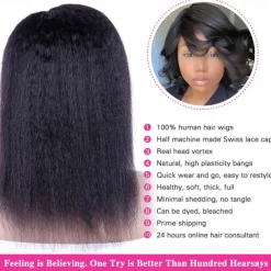 Human Hair Wig Short Medium Length kinky Straight Yaki Straight Side Part With Bangs Black Natural Color Natural Black Women Adjustable Thick Machine Made Capless Brazilian Hair All Natural Black #1B