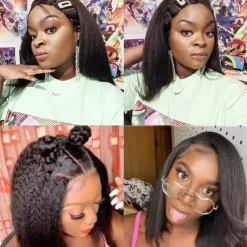 Human Hair Wig Short Medium Length kinky Straight Yaki Straight Side Part With Bangs Black Natural Color Natural Black Women Adjustable Thick Machine Made Capless Brazilian Hair All Natural Black #1B