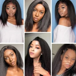 Human Hair Wig Short Medium Length kinky Straight Yaki Straight Side Part With Bangs Black Natural Color Natural Black Women Adjustable Thick Machine Made Capless Brazilian Hair All Natural Black #1B