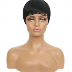 Human Hair Wig Short Natural Straight Pixie Cut Natural Black Adjustable Natural Hairline For Black Women Machine Made Capless Brazilian Hair Women's Natural Black #1B 6 inch Daily Wear Party