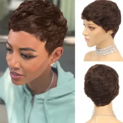 Human Hair Wig Short Natural Wave Pixie Cut Blonde Burgundy Natural Black Adjustable Natural Hairline For Black Women Machine Made Capless Brazilian Hair All Natural Black #1B Medium Auburn#30 Dark