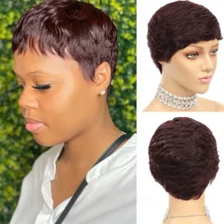 Human Hair Wig Short Natural Wave Pixie Cut Blonde Burgundy Natural Black Adjustable Natural Hairline For Black Women Machine Made Capless Brazilian Hair All Natural Black #1B Medium Auburn#30 Dark