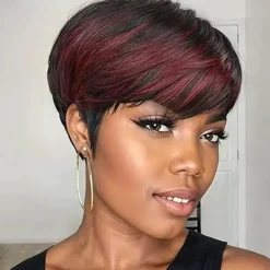 Human Hair Wig Short Natural Straight Pixie Cut Short Bob Side Part Layered Haircut Natural Designers Natural Hairline Capless Brazilian Hair Women's Natural Black #1B Black / Dark Wine Medium Brown#4