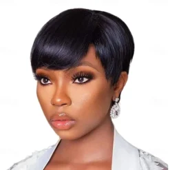 Human Hair Wig Short Natural Straight Pixie Cut Short Bob Side Part Layered Haircut Natural Designers Natural Hairline Capless Brazilian Hair Women's Natural Black #1B Black / Dark Wine Medium Brown#4