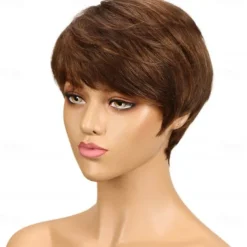 Human Hair Wig Short Natural Straight Pixie Cut Short Bob Side Part Layered Haircut Natural Designers Natural Hairline Capless Brazilian Hair Women's Natural Black #1B Black / Dark Wine Medium Brown#4