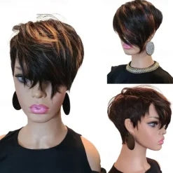 Human Hair Wig Short Straight Asymmetrical Dark Brown Soft Party Women Capless Brazilian Hair Women's Ombre Black / Medium Auburn 8 inch Party / Evening Daily Daily Wear