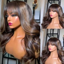 Human Hair 5x5 Closure 13x4 Lace Front Wig With Bangs Brazilian Hair Body Wave Brown Multi-color Wig 130% 150% Density Highlighted / Balayage Hair Glueless Pre-Plucked For Women Long Human Hair Lace