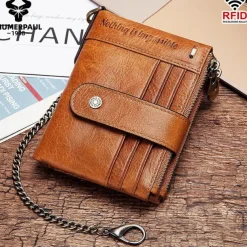 HUMERPAUL Men Wallets Slim Leather Bifold Hasp Short Male Purse Coin Pouch Multi-functional Cards Wallet Chain Bag Quality