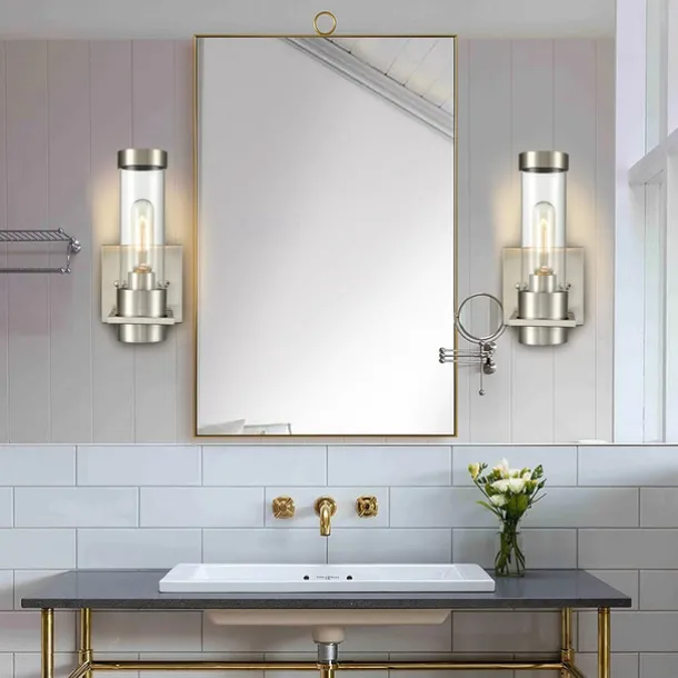 IModern Wall Light Fixture Nickel 1 PCS Wall Sconce Bathroom Wall Lighting with Cylinder Clear Glass Shade for Bathroom 110-240V