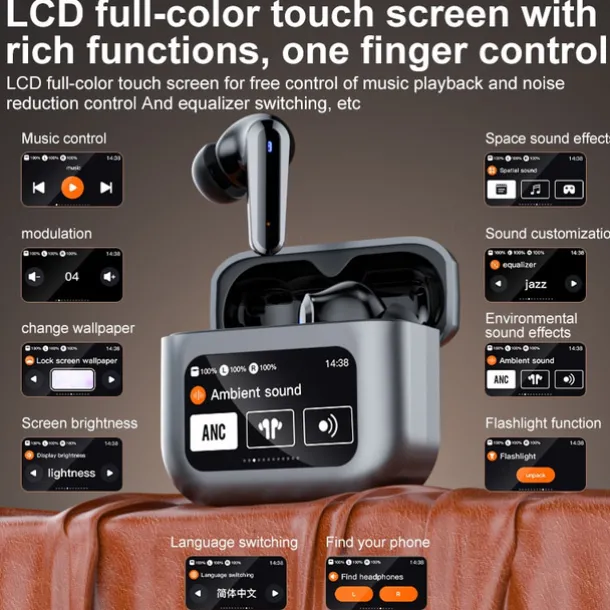 iMosi Q30 Full Color Touch Screen Wireless Earphones Active Noise Canceling Bluetooth 5.4 Headphone ANC TWS Bluetooth Earbuds