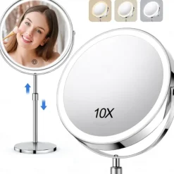 8-in 20cm Illuminated Makeup Mirror Light Magnifying 10x with Three Tone Light and Adjustable Height Suitable for Office desks Rechargeable 360 Rotating Double-sided LED Makeup Mirror
