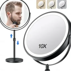 8-in 20cm Illuminated Makeup Mirror Light Magnifying 10x with Three Tone Light and Adjustable Height Suitable for Office desks Rechargeable 360 Rotating Double-sided LED Makeup Mirror